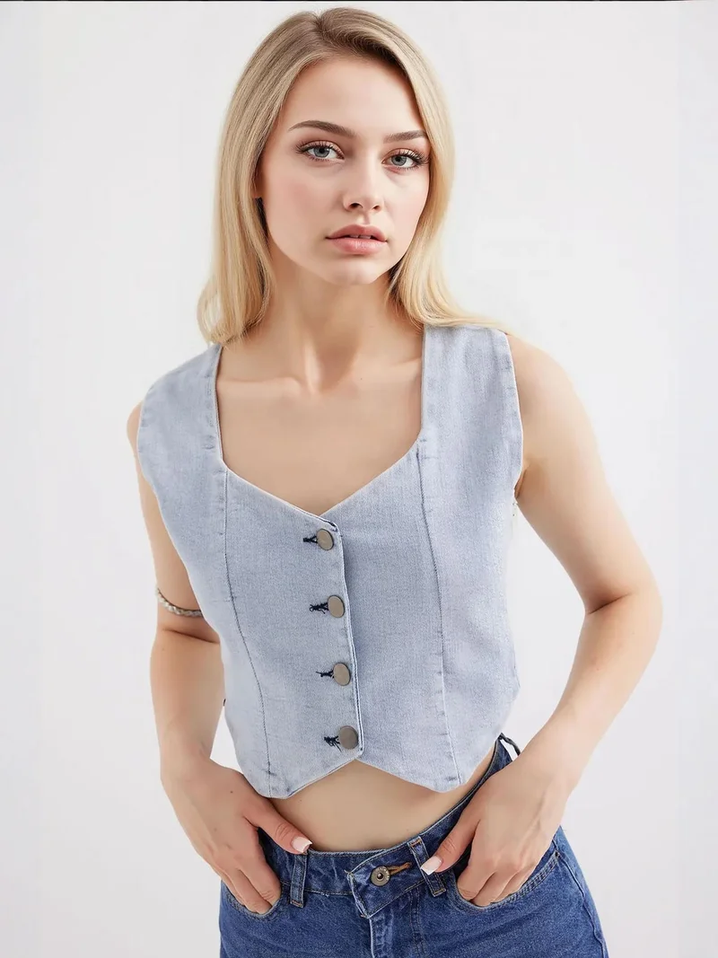BDART Fitted Denim Waistcoat with Square Collar
