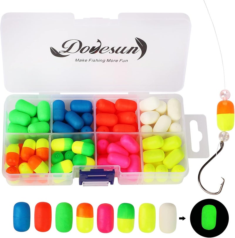 Dovesun 220/104/80/54/42/52pcs Fly Fishing Floats Bobbers Foam Pompano Rigs Surf Fishing Rig Floats Bright Color Round, Bullet, Cylindrical, Spin, Pill with Tackle Box - Image 1