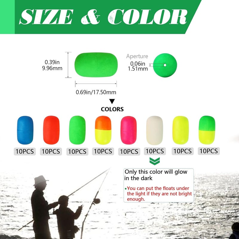 Dovesun 220/104/80/54/42/52pcs Fly Fishing Floats Bobbers Foam Pompano Rigs Surf Fishing Rig Floats Bright Color Round, Bullet, Cylindrical, Spin, Pill with Tackle Box - Image 2