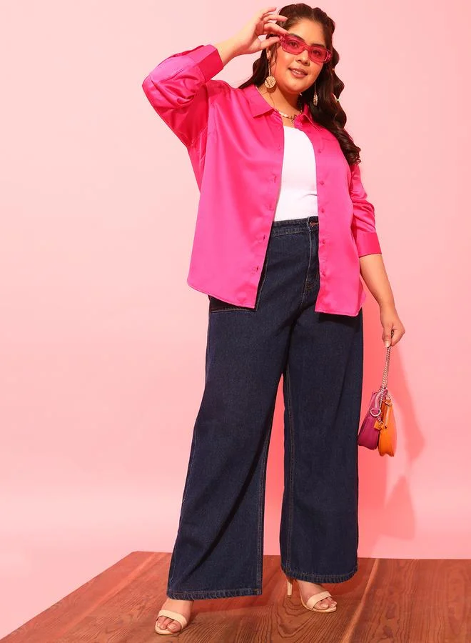 STREET 9 Plus Pink Satin Casual Shirt