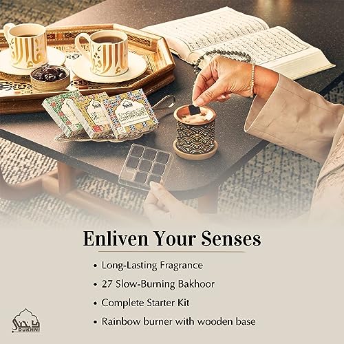 Dukhni Oud Al Mukhtar, Madhmoon, Awatef Bakhoor - 3 Trays x 9 Pieces Each & Rainbow Exotic Burner | Perfect for Prayer & Meditation. Great Gift - Image 2