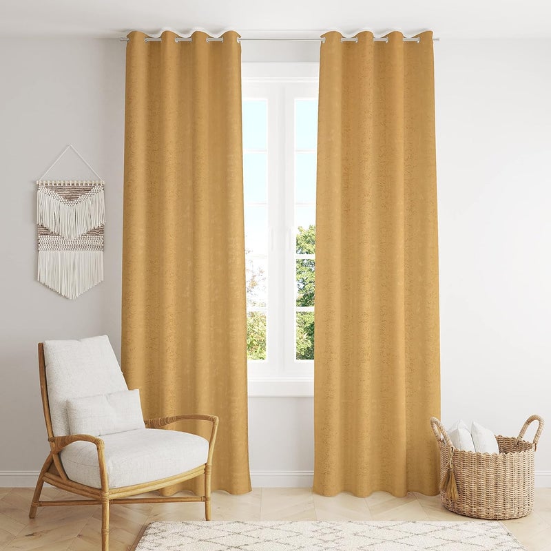 Purav Light Blackout Curtains 5 Feet Long, Pack of 2 Piece, Faux Silk Textured Design, Rust Free 8 Pre-Fitted Eyelet, Easy to Hang - Gold, 2PC