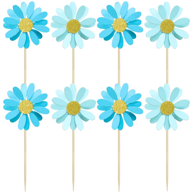 Ephlyn 24Pcs Daisy Cupcake Toppers Flower Cake Topper Decorations Daisy Cake Decorations Chrysanthemum Cupcake Toppers Spring Daisy Flower Cake Picks for Birthday Wedding Supplies Blue - Image 3