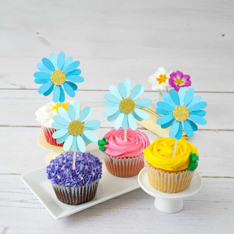 Ephlyn 24Pcs Daisy Cupcake Toppers Flower Cake Topper Decorations Daisy Cake Decorations Chrysanthemum Cupcake Toppers Spring Daisy Flower Cake Picks for Birthday Wedding Supplies Blue - Image 5