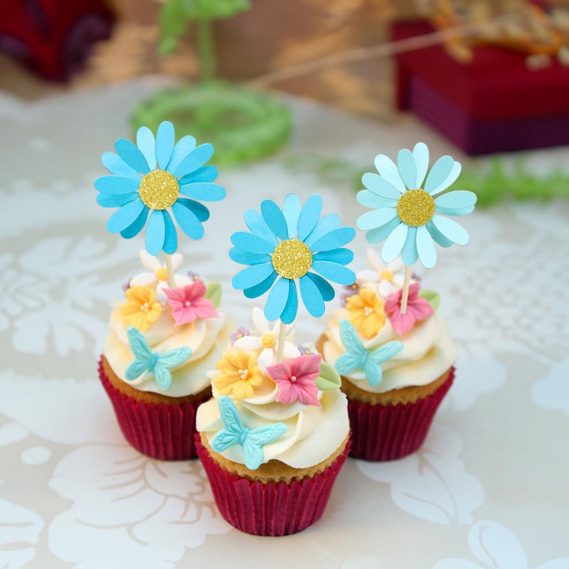 Ephlyn 24Pcs Daisy Cupcake Toppers Flower Cake Topper Decorations Daisy Cake Decorations Chrysanthemum Cupcake Toppers Spring Daisy Flower Cake Picks for Birthday Wedding Supplies Blue - Image 4