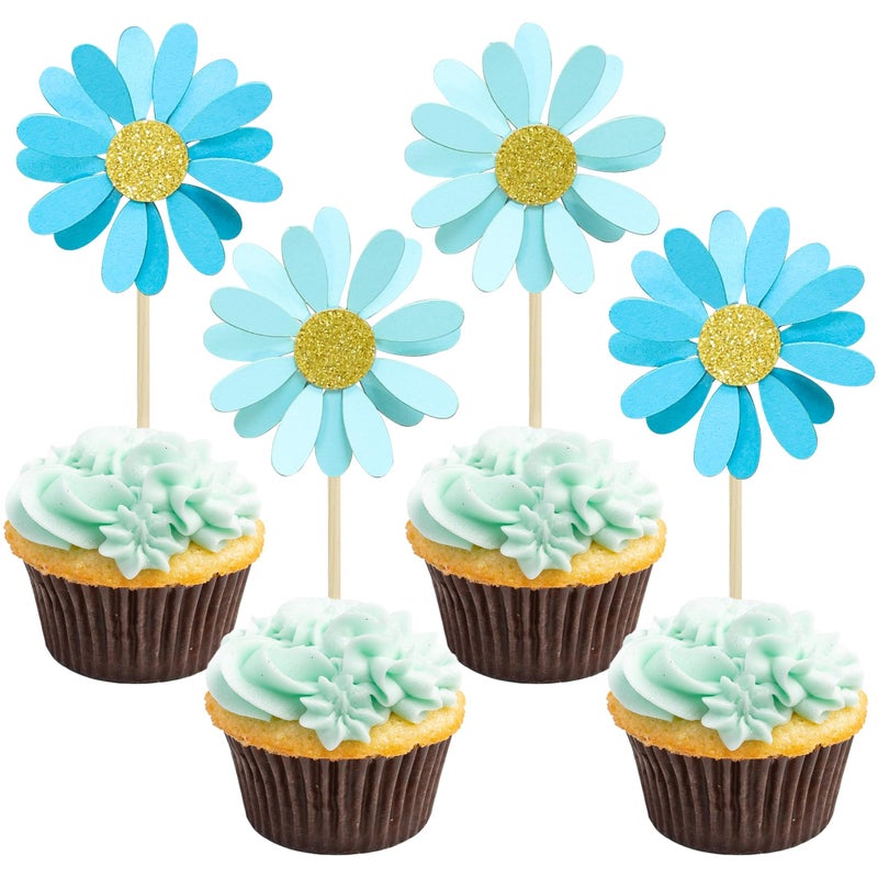 Ephlyn 24Pcs Daisy Cupcake Toppers Flower Cake Topper Decorations Daisy Cake Decorations Chrysanthemum Cupcake Toppers Spring Daisy Flower Cake Picks for Birthday Wedding Supplies Blue - Image 1
