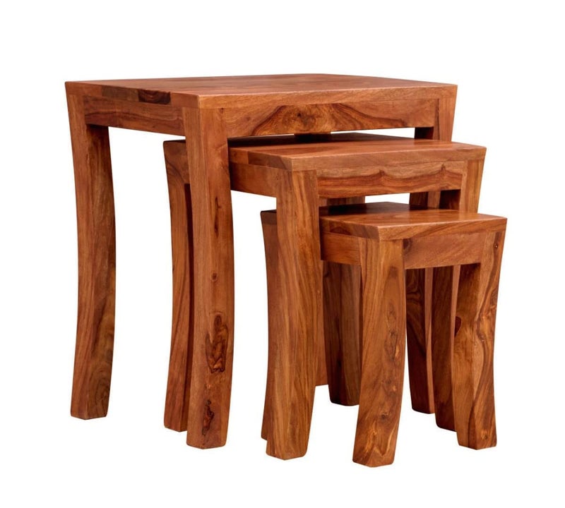GP CRAFT GP CRAFT Solid Sheesham Wood Nesting Table Set Wooden Stools Bed Sofa Side Table Coffee Beverages Table for Home Office Bed Living Room Honey Finish Set of 3  - Image 3