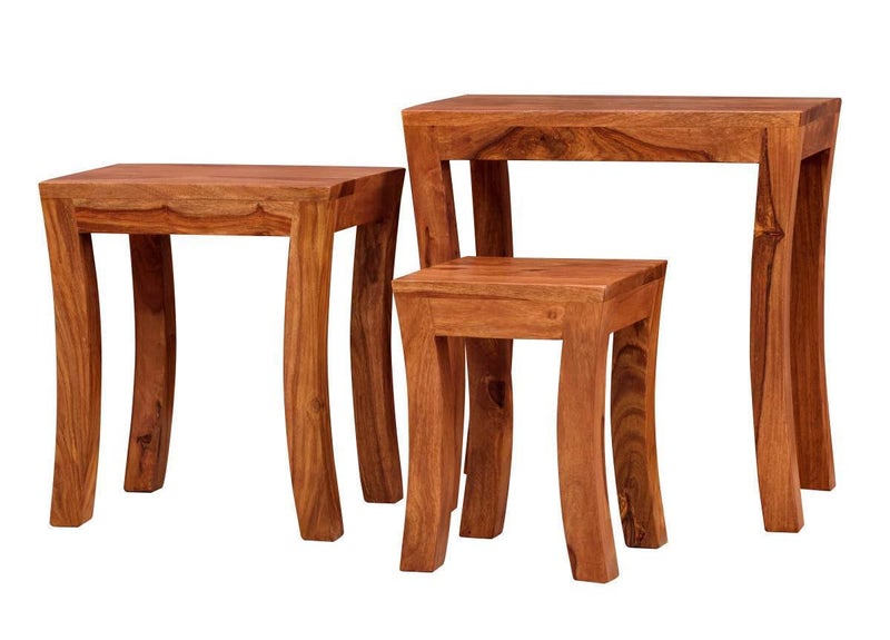 GP CRAFT GP CRAFT Solid Sheesham Wood Nesting Table Set Wooden Stools Bed Sofa Side Table Coffee Beverages Table for Home Office Bed Living Room Honey Finish Set of 3  - Image 4