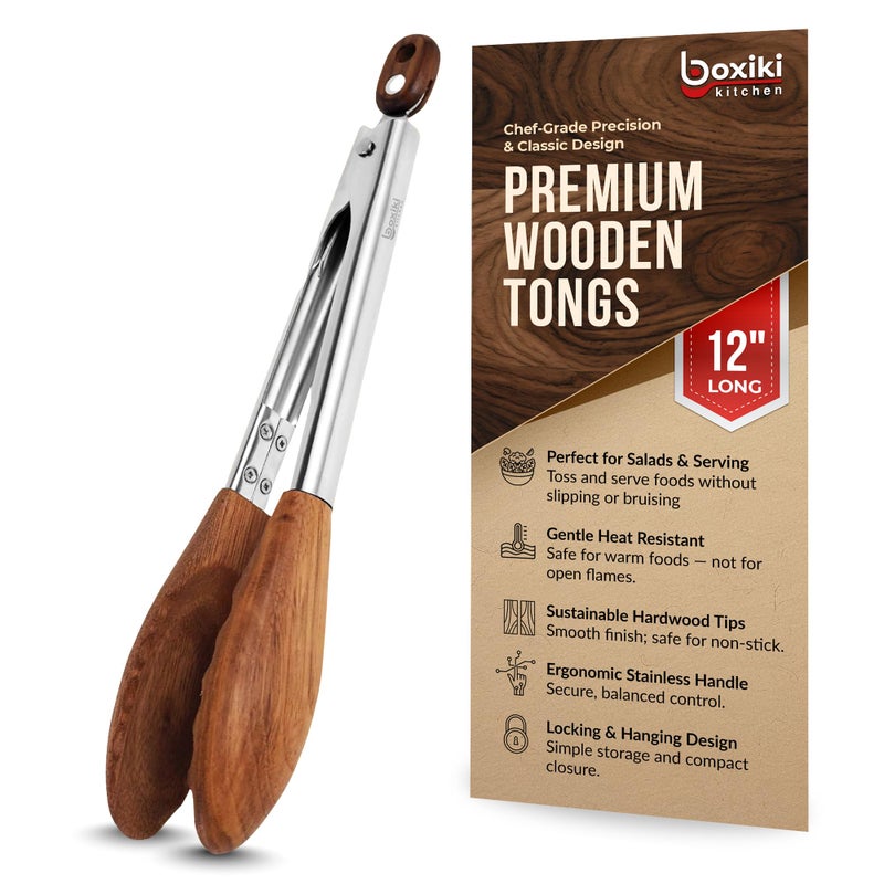 Boxiki Kitchen Wooden Tongs for Cooking  Nonstick Kitchen Salad Tongs for Serving Food Grilling Cooking BBQ and Tossing Salad  Made of Natural Walnut Wood Size 12inch