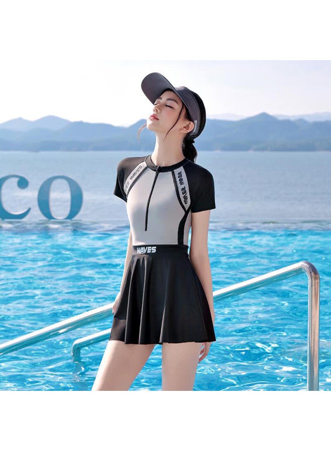 F.dyraa Women's Swimsuit Cover Belly Slimming Ladies Swimwear Bubble Hot Spring One-piece Skirt Conservative Swimming Three-piece Set 15046 Black XL - Image 2