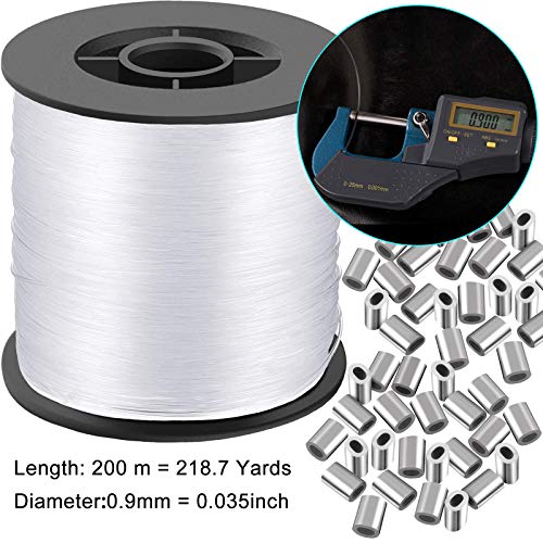 Cerpourt Clear Invisible Hanging Wire 0.9mm Up to 60lbs, 656Feet(200M) Strong Nylon Thread for Beading Sewing Ornaments with 60Pcs Aluminum Crimping Sleeves, Hanging Kit for Picture Frame, String Light - Image 2