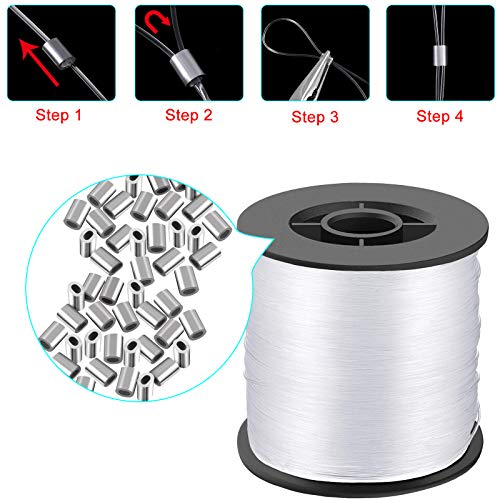 Cerpourt Clear Invisible Hanging Wire 0.9mm Up to 60lbs, 656Feet(200M) Strong Nylon Thread for Beading Sewing Ornaments with 60Pcs Aluminum Crimping Sleeves, Hanging Kit for Picture Frame, String Light - Image 5