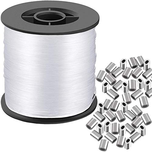 Cerpourt Clear Invisible Hanging Wire 0.9mm Up to 60lbs, 656Feet(200M) Strong Nylon Thread for Beading Sewing Ornaments with 60Pcs Aluminum Crimping Sleeves, Hanging Kit for Picture Frame, String Light - Image 1