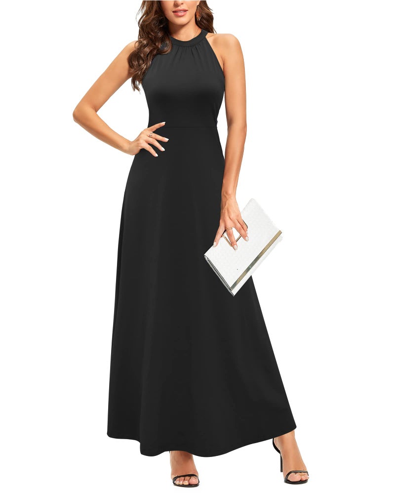 STYLEWORD Women's Summer Halter Neck Long Semi Formal Dress Sexy Sleeveless Cocktail Evening Party Wedding Guest Maxi Dresses(Black,S) - Image 1
