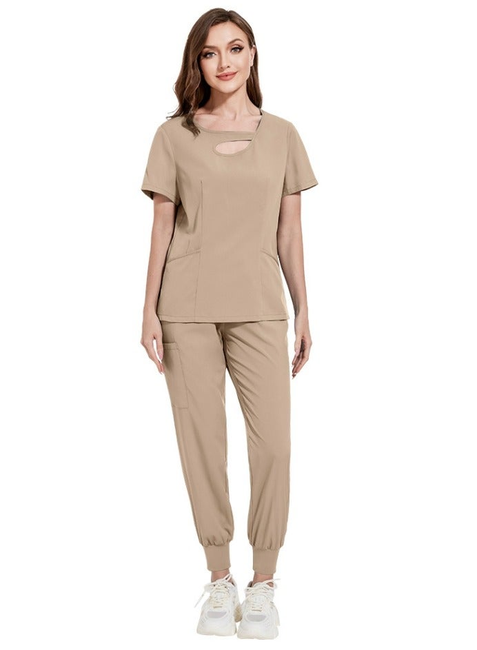 Loquat Womens Fashion Medical Uniform Scrubs 2 Piece Set Top and Jogger Pants Suit Beige  - Image 1