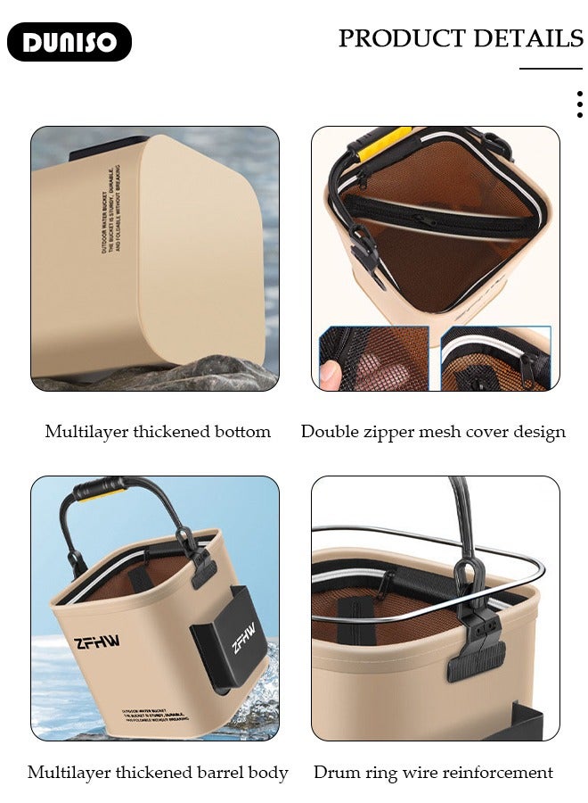 DUNISO Portable Fishing Bucket with Side Pockets and Oxygen Pump, Large Capacity Fishing Bait Bucket with Double Zipper and Handle, Outdoor Camping Eva Fishing Bag and Fish Protection Bucket, Multifunctional Live Fish Container for Storing Live Fish and Fresh Fish Bait - Image 2