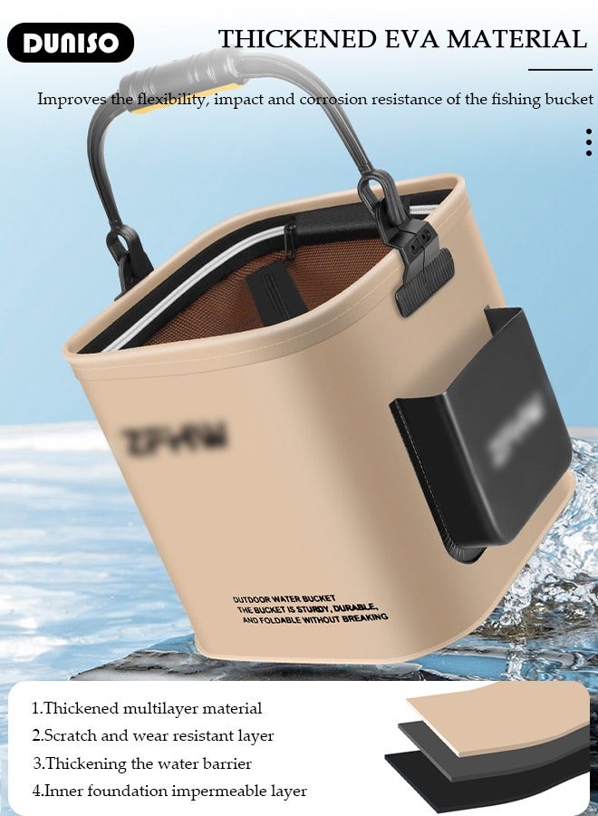 DUNISO Portable Fishing Bucket with Side Pockets and Oxygen Pump, Large Capacity Fishing Bait Bucket with Double Zipper and Handle, Outdoor Camping Eva Fishing Bag and Fish Protection Bucket, Multifunctional Live Fish Container for Storing Live Fish and Fresh Fish Bait - Image 4