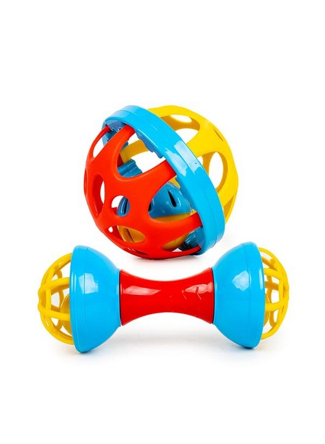 Ratna's Jingle Rattle 2 Pcs Combo, Dumbell & Soft Ball Shaped New Born Baby Toys Rattle Set for Babies 0-6 Months - Image 1