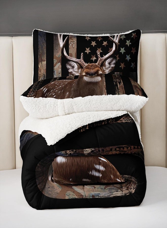HOSIMA Hunting Deer Bedding Reversible Micromink and Sherpa Comforter Set,Deer and American Flag Bedding Sets Hunter Bedroom Decor,Fuzzy Plush Camouflage Twin Comforter with 2 Pillowcases. - Image 4