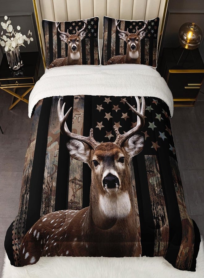 HOSIMA Hunting Deer Bedding Reversible Micromink and Sherpa Comforter Set,Deer and American Flag Bedding Sets Hunter Bedroom Decor,Fuzzy Plush Camouflage Twin Comforter with 2 Pillowcases. - Image 1