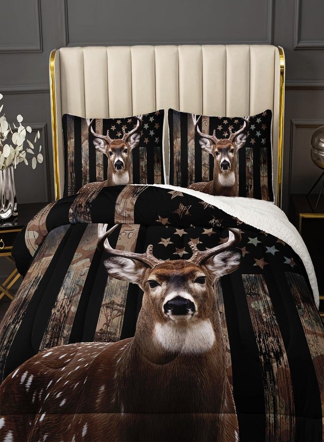 HOSIMA Hunting Deer Bedding Reversible Micromink and Sherpa Comforter Set,Deer and American Flag Bedding Sets Hunter Bedroom Decor,Fuzzy Plush Camouflage Twin Comforter with 2 Pillowcases. - Image 3