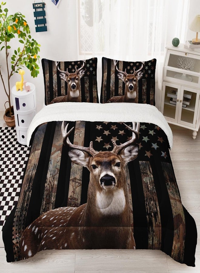 HOSIMA Hunting Deer Bedding Reversible Micromink and Sherpa Comforter Set,Deer and American Flag Bedding Sets Hunter Bedroom Decor,Fuzzy Plush Camouflage Twin Comforter with 2 Pillowcases. - Image 2