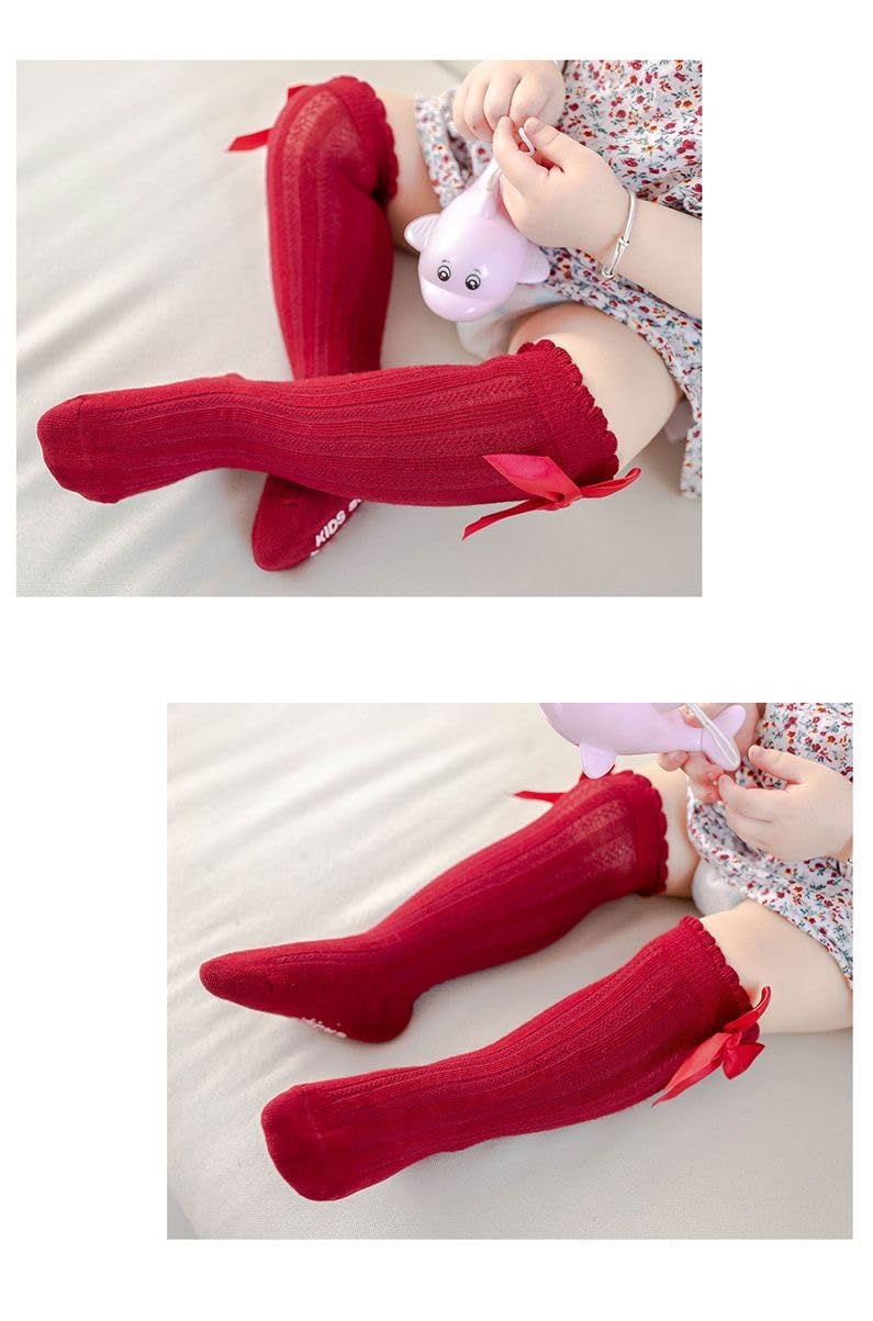 QandSweet Baby Girl Knee-High Socks Toddlers Bow Stockings Newborn Infant Non-Slip Sock (0-12 Months, A Non-skid 5 Pairs) - Image 4