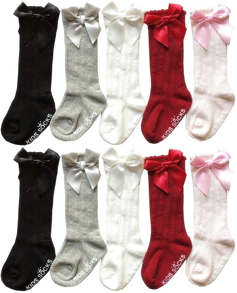 QandSweet Baby Girl Knee-High Socks Toddlers Bow Stockings Newborn Infant Non-Slip Sock (0-12 Months, A Non-skid 5 Pairs) - Image 1