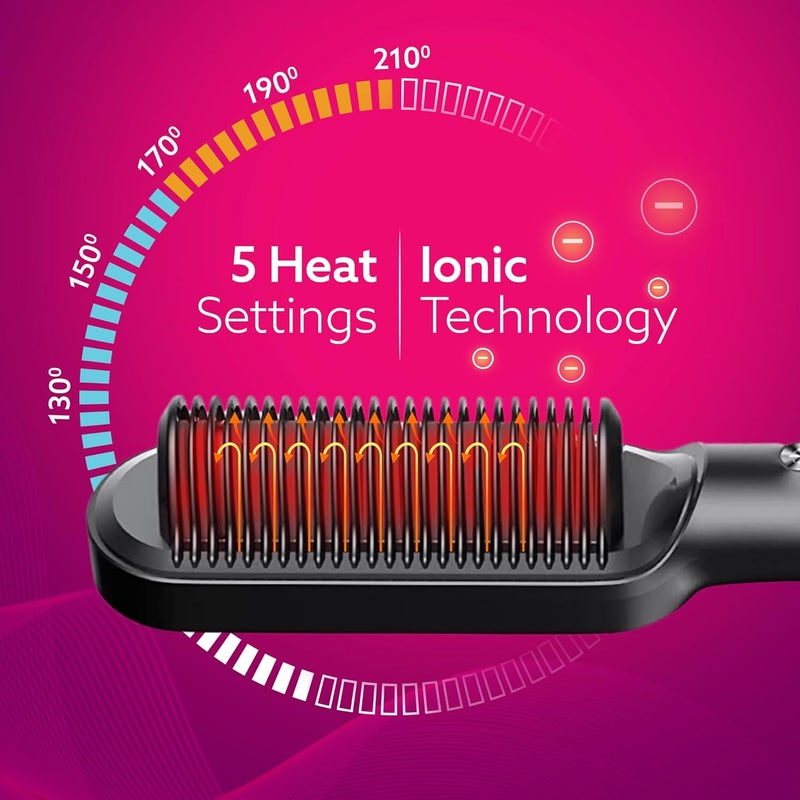 AGARO Hair Straightening Brush, Hair Straightening Comb For Women, Fast Heating, Ionic Care, 5 Heat Settings, Hair Straightener, Hot Brush, Gives Naturally Straight Hair in 5 Mins, Black, HSB2107 - Image 3