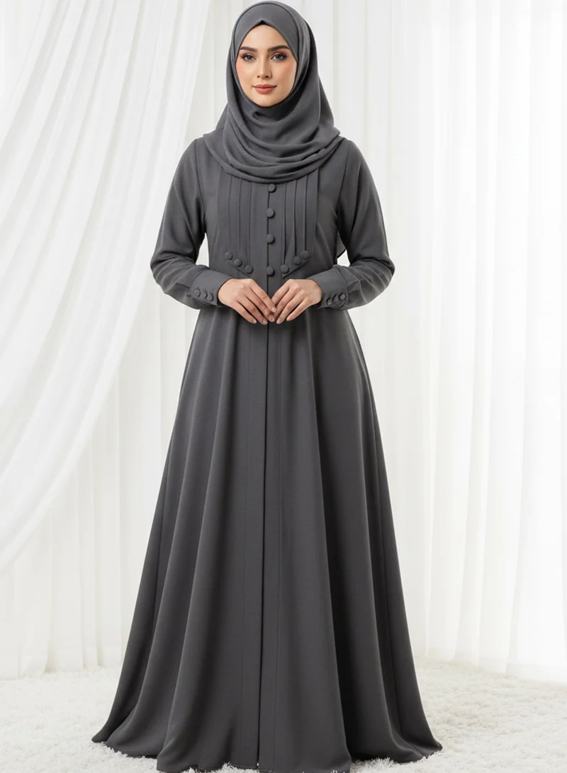 MSquare Fashion Grey Crepe Abaya  | Pleated Button Front | Msquare Fashion