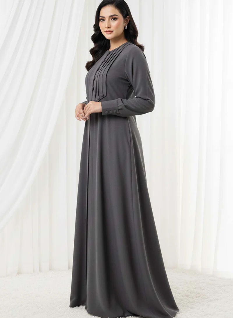MSquare Fashion  Grey Crepe Abaya  | Pleated Button Front | Msquare Fashion for Women | Best Price UAE