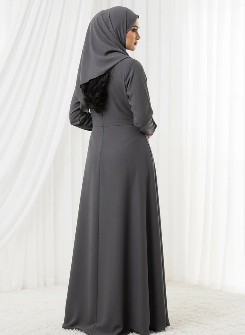 MSquare Fashion  Grey Crepe Abaya  | Pleated Button Front | Msquare Fashion for Women | Best Price UAE