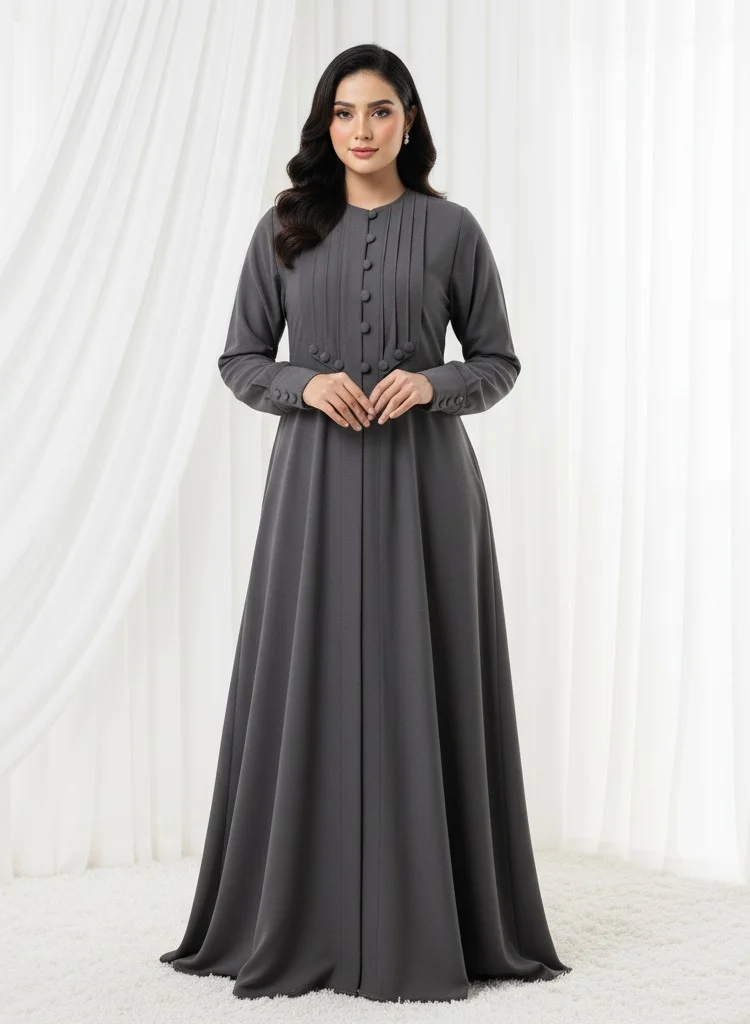 MSquare Fashion  Grey Crepe Abaya  | Pleated Button Front | Msquare Fashion for Women | Best Price UAE