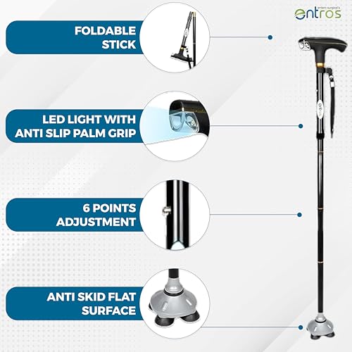 Entros Quadripod 4 Leg Walking Stick with L.E.D Light | Height Adjustable | Lightweight Premium Aluminum Cane with Anti-Skid Base | Ideal for Senior Citizen, Patients & Handicap- KL931 - Image 3