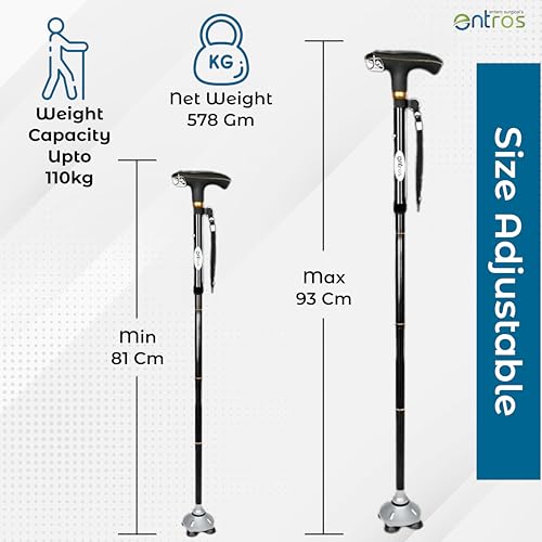 Entros Quadripod 4 Leg Walking Stick with L.E.D Light | Height Adjustable | Lightweight Premium Aluminum Cane with Anti-Skid Base | Ideal for Senior Citizen, Patients & Handicap- KL931 - Image 4