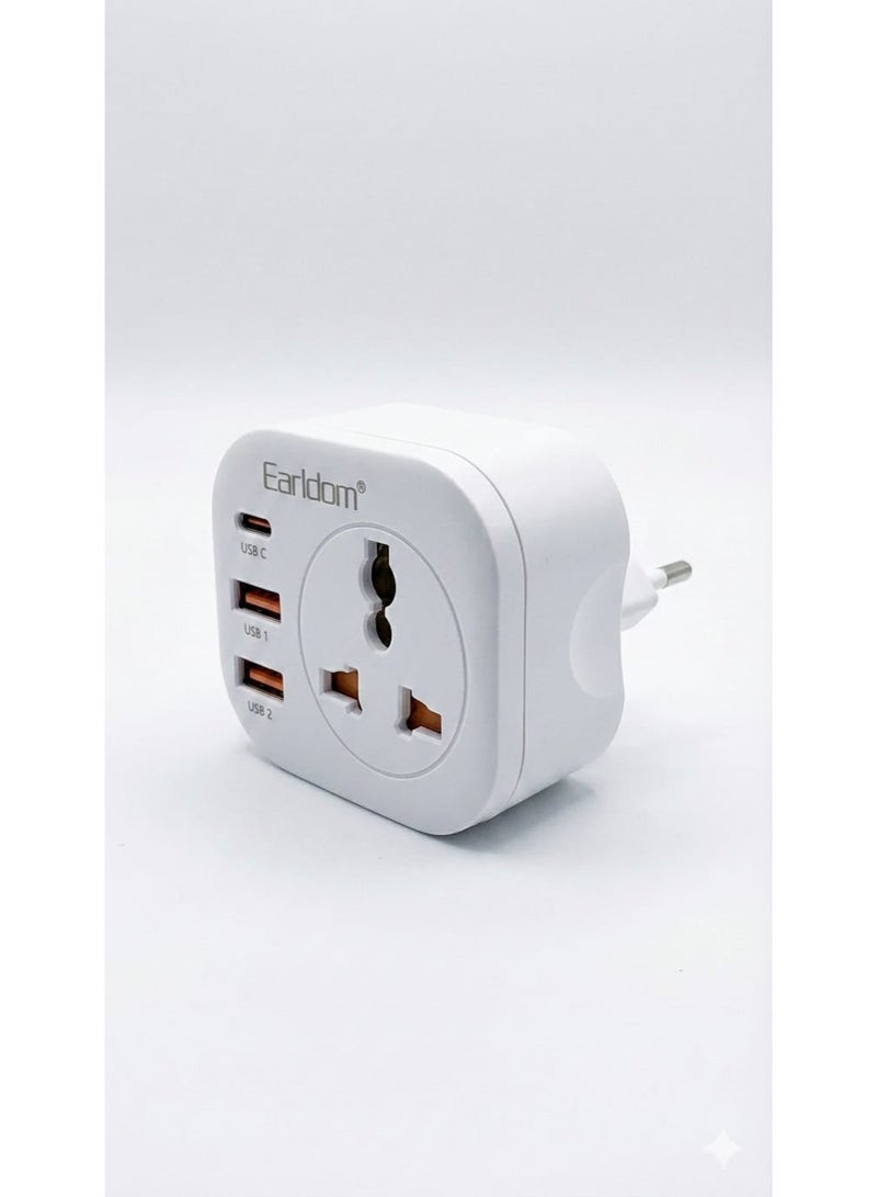 أيرلدوم قابس شحن متعدد 4 في 1 من Earldom بقدرة 4000 واط مع 2 منفذ USB ومنفذ Type-C ومقبس طاقة أوروبي سريع وآمن للسفر والاستخدام المنزلي - Image 1
