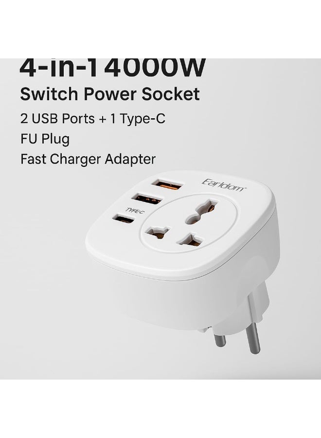 أيرلدوم قابس شحن متعدد 4 في 1 من Earldom بقدرة 4000 واط مع 2 منفذ USB ومنفذ Type-C ومقبس طاقة أوروبي سريع وآمن للسفر والاستخدام المنزلي - Image 2