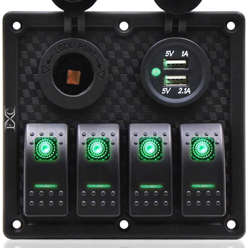 FXC Waterproof Marine Boat Rocker Switch Panel 4 Gang with Dual USB Slot Socket Cigarette Lighter LED Light for Car Rv Vehicles Truck 4 Gang Green Light