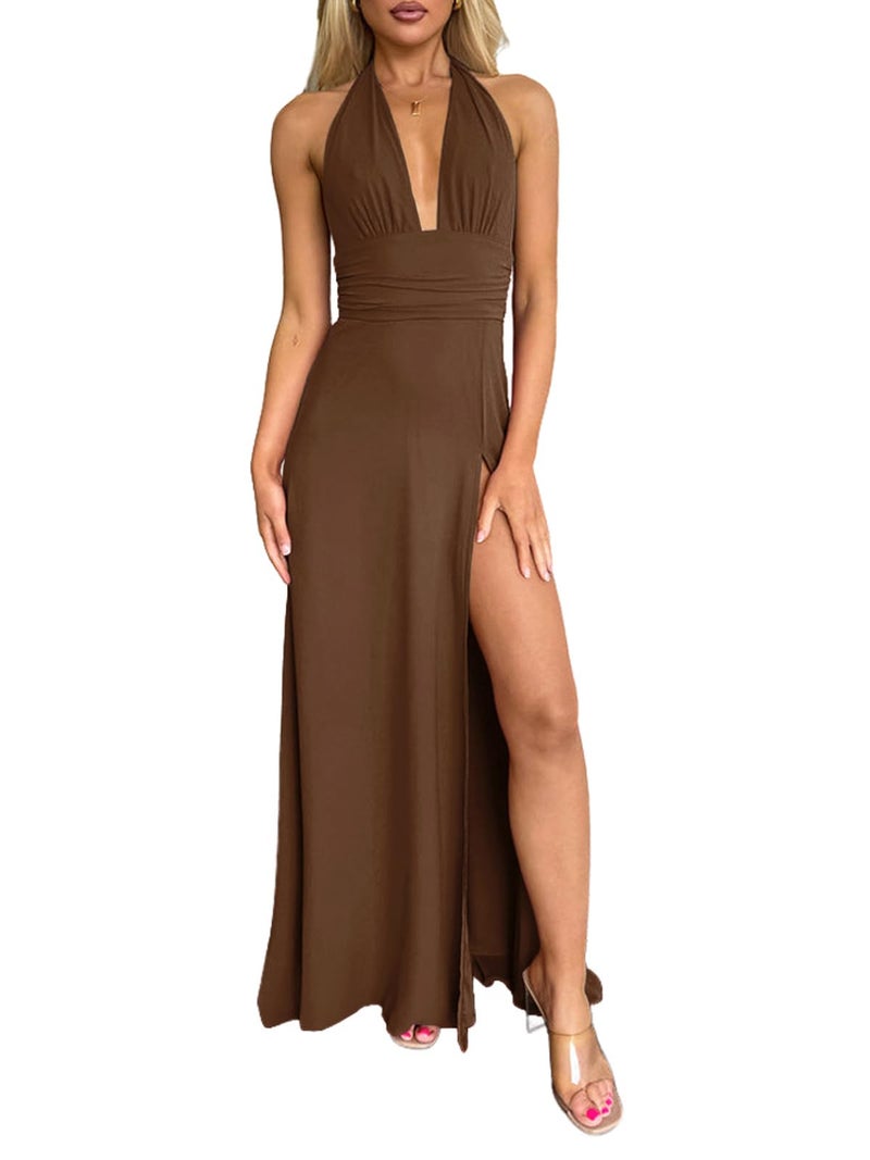 Ekaliy Womens Halter Top Maxi Dress Plunge Neck Backless Dress with High Slit Brown M - Image 3
