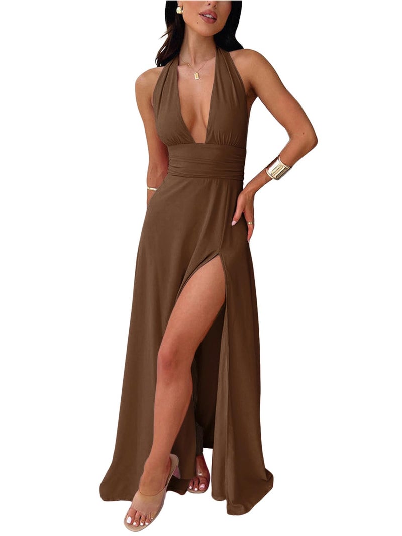 Ekaliy Womens Halter Top Maxi Dress Plunge Neck Backless Dress with High Slit Brown M - Image 2