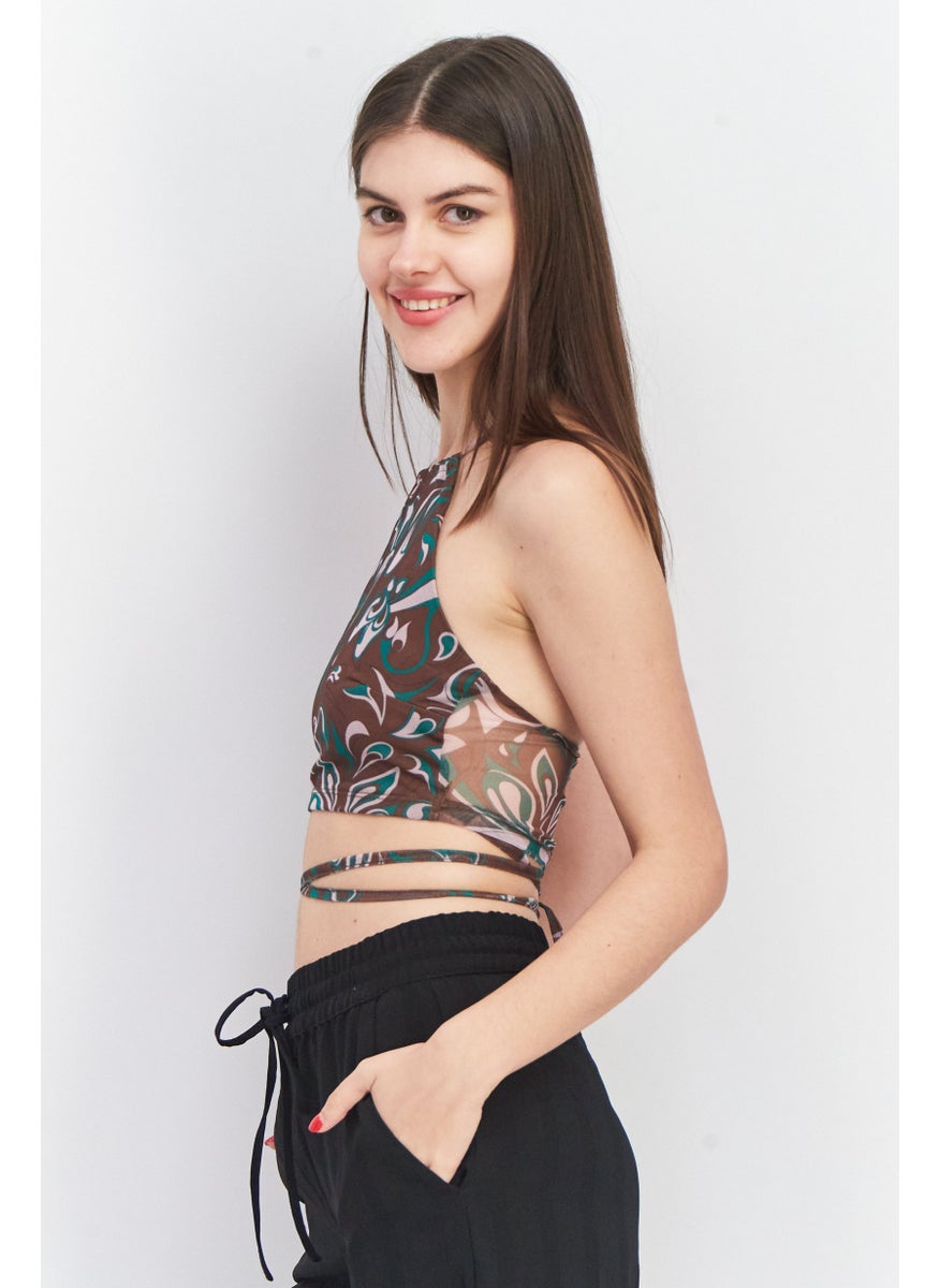 Don't Call Me Jennyfer - Women Halter Neckline Sleeveless Paisley Print Crop Top, Brown - Image 1