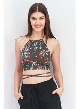 Women Halter Neckline Sleeveless Paisley Print Crop Top, Brown
