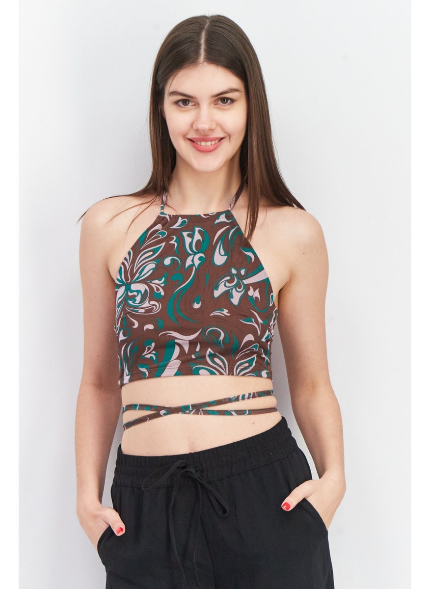 Don't Call Me Jennyfer - Women Halter Neckline Sleeveless Paisley Print Crop Top, Brown - Image 1