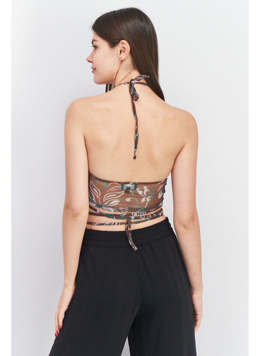Don't Call Me Jennyfer - Women Halter Neckline Sleeveless Paisley Print Crop Top, Brown - Image 1