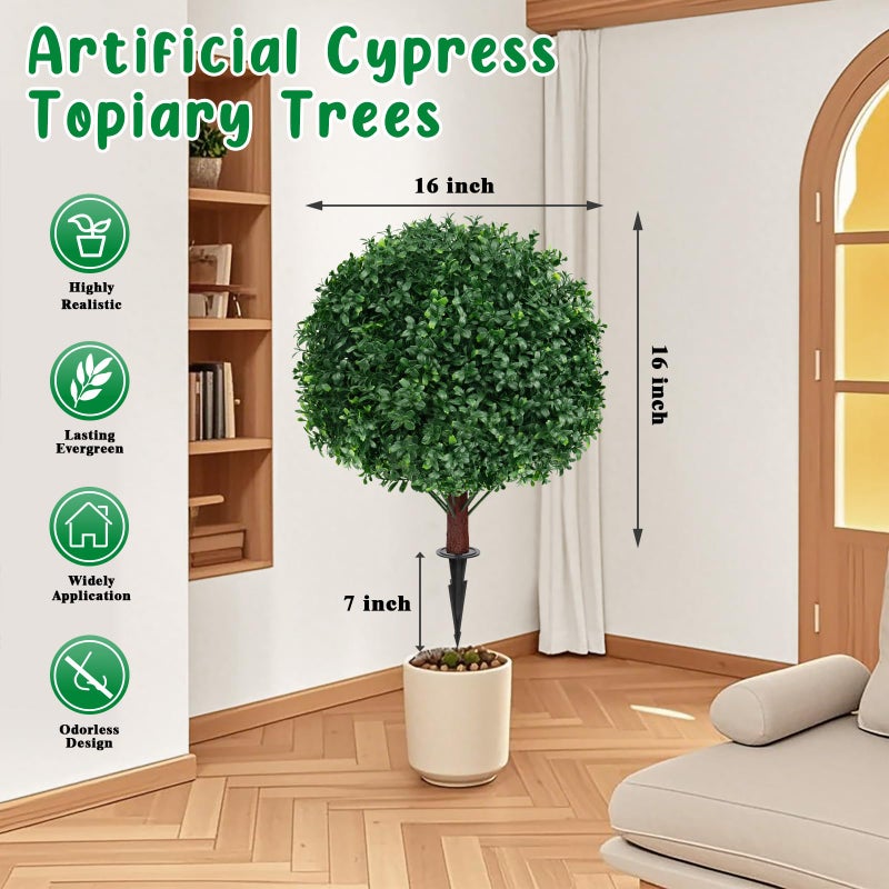 Grooy Artificial Boxwood Topiary Ball Tree with Ground Spike, Set of 2 Artificial Shrub Bushes, Fake Evergreen Tree for Porch, Artificial Plants for Outdoor Planters Indoor UV Resistant - Image 2
