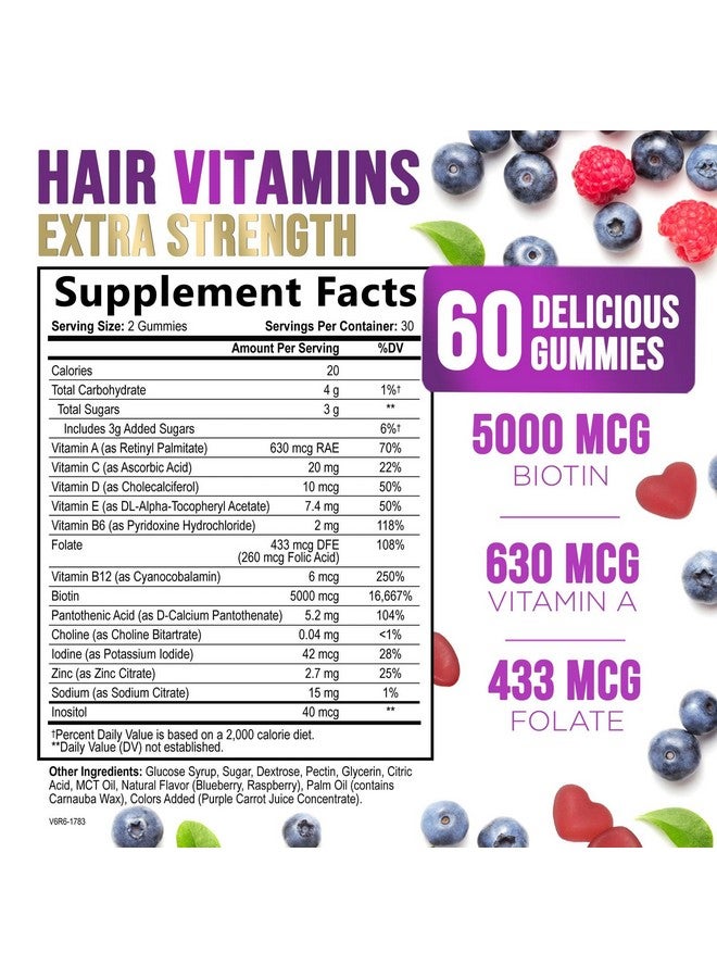 Nature's Nutrition Hair Growth Supplement Gummy for Stronger, Radiant Hair, Skin & Nails - Hair Vitamins with Biotin 5000 mcg and Vitamin E & C, Nature's Extra Strength Hair Vitamins for Women & Men - 60 Gummies  - Image 2