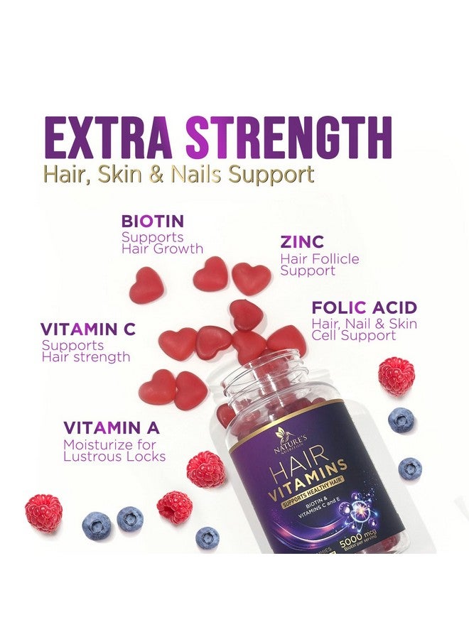 Nature's Nutrition Hair Growth Supplement Gummy for Stronger, Radiant Hair, Skin & Nails - Hair Vitamins with Biotin 5000 mcg and Vitamin E & C, Nature's Extra Strength Hair Vitamins for Women & Men - 60 Gummies  - Image 3