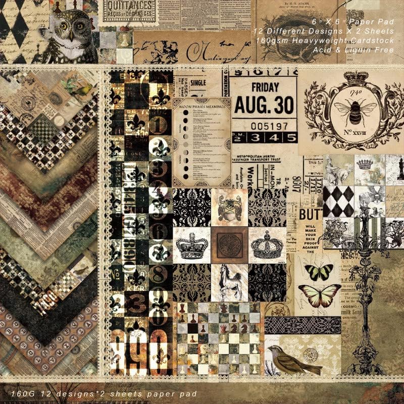 DESEACO Dark Academia Scrapbook Paper Pad 6x6, Assorted Pattern Decopodge Cardstock Paper, Single-Sided Vintage Scrapbooking DIY Decorative Cardmaking Supplies, Junk Journaling Craft Paper-24Pcs - Image 2
