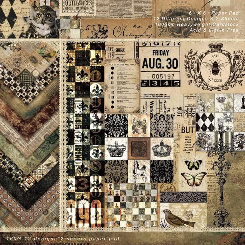 DESEACO Dark Academia Scrapbook Paper Pad 6x6, Assorted Pattern Decopodge Cardstock Paper, Single-Sided Vintage Scrapbooking DIY Decorative Cardmaking Supplies, Junk Journaling Craft Paper-24Pcs - Image 1