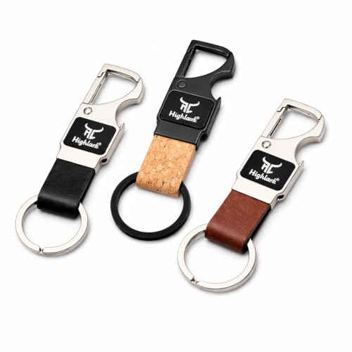 Highlark Heavy Duty Metal Carabiner Keychain with Leather Strap for Men & Women | Premium Belt Clip Key Holder | Secure Spring Lock Key Ring for Car, Bike & Office Keys (Pack of 3) - Image 1